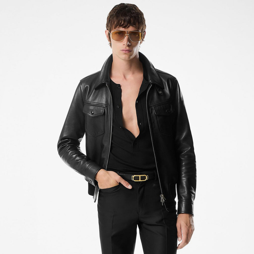 Tom Ford Men's Fall/Winter Fashion Casual Solid Color Collared Zipper Leather Motorcycle Jacket #79165