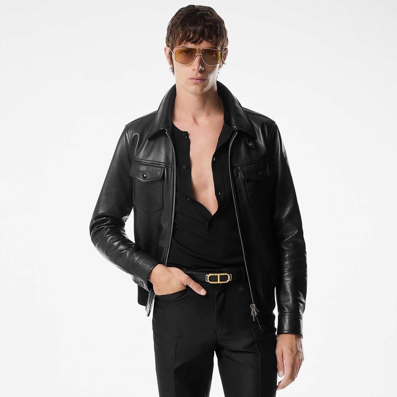 Tom Ford Men's Fall/Winter Fashion Casual Solid Color Collared Zipper Leather Motorcycle Jacket #79165