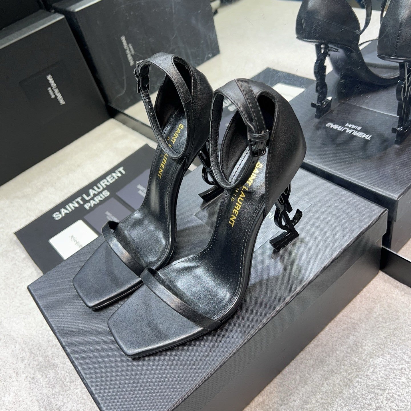 Saint Laurent OPYUM Women's Spring/Fall Fashion Classic Solid Color Leather Buckle YSL Monogram Heeled Sandals Shoes #79185