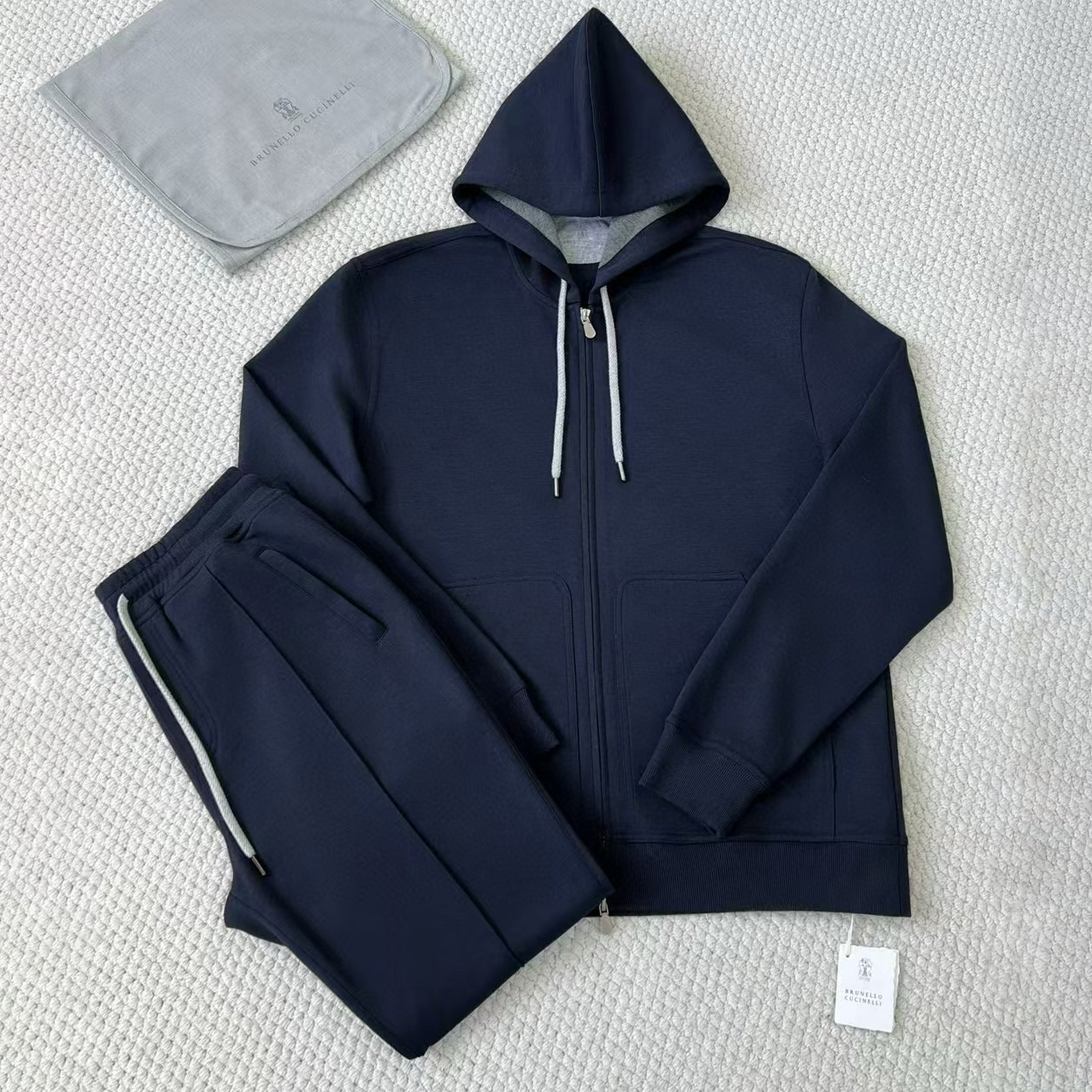 Brunello Cucinelli Men's Solid Colour Hooded Zip Sweatshirt Jacket Drawstring Comfort Straight Trousers Pants Sweatpants Suit Set  #81324