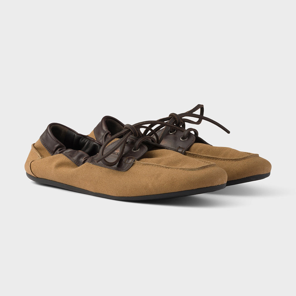 PRADA Shuffle Aged Canvas And Leather Boat Shoes #381722