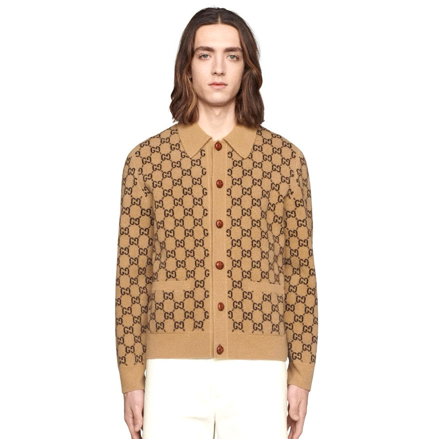 Gucci Men's Spring And Fall Khaki Monogrammed Single Breasted Wool Knit Long Sleeved Cardigan Jacket #73726