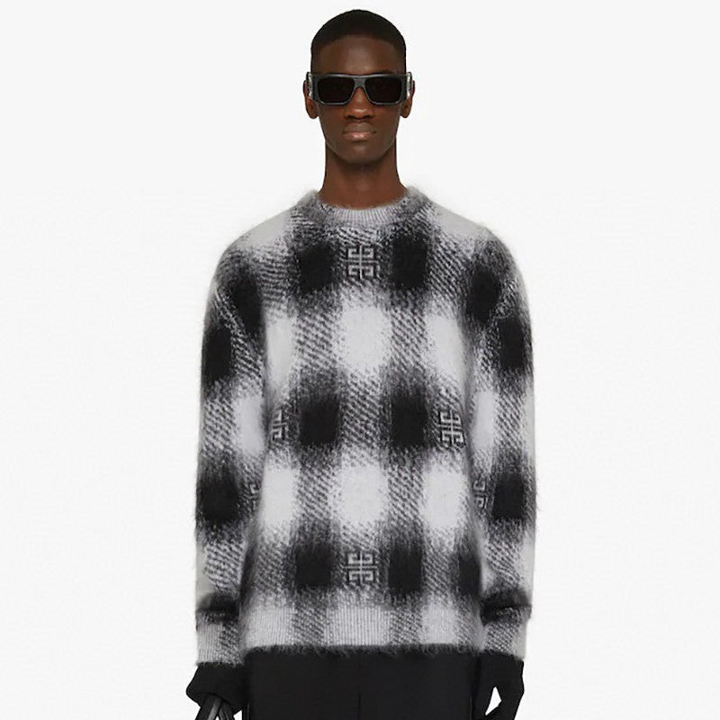 Givenchy Men's Autumn Black and White Check Mohair Cotton Knit Pullover Sweater #97723