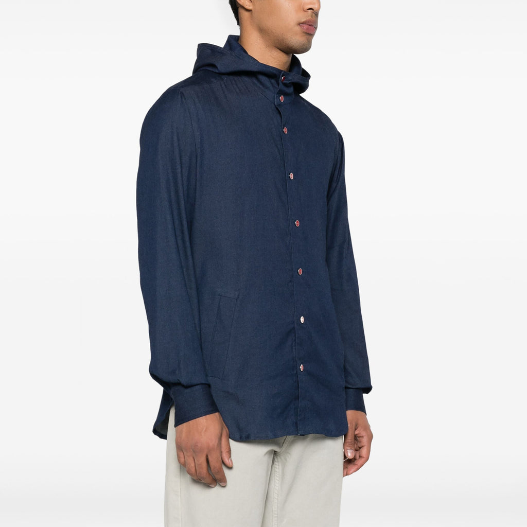 Kiton Men's Spring And Fall Retro Plaid Hooded Shirt Long-sleeved Lapel Buttons Fashion Casual Denim Cotton Shirt Ngvp #8879
