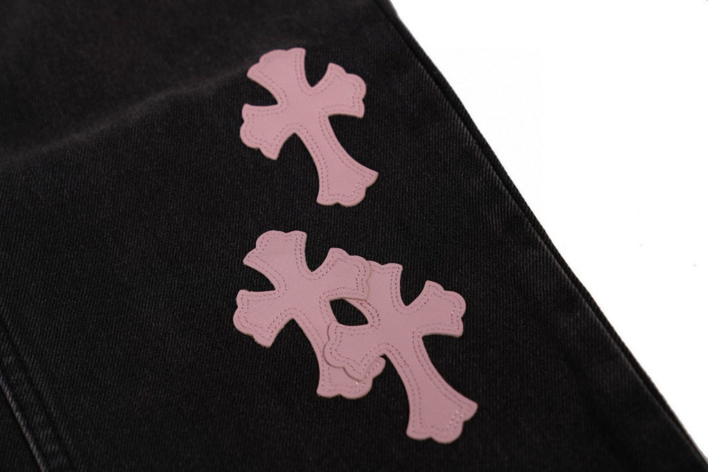 Chrome Hearts Men's and Women's Spring and Fall Pink Cross Calfskin Labeled Black Jeans Pants #97952