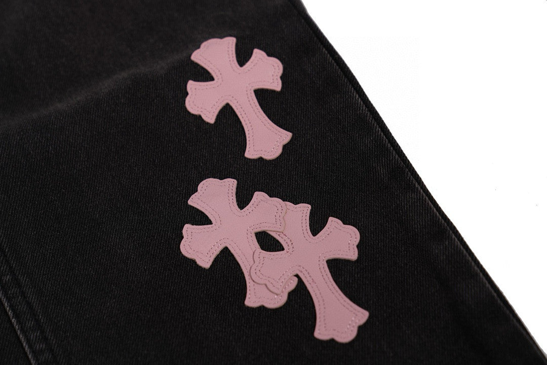 Chrome Hearts Men's and Women's Spring and Fall Pink Cross Calfskin Labeled Black Jeans Pants #97952