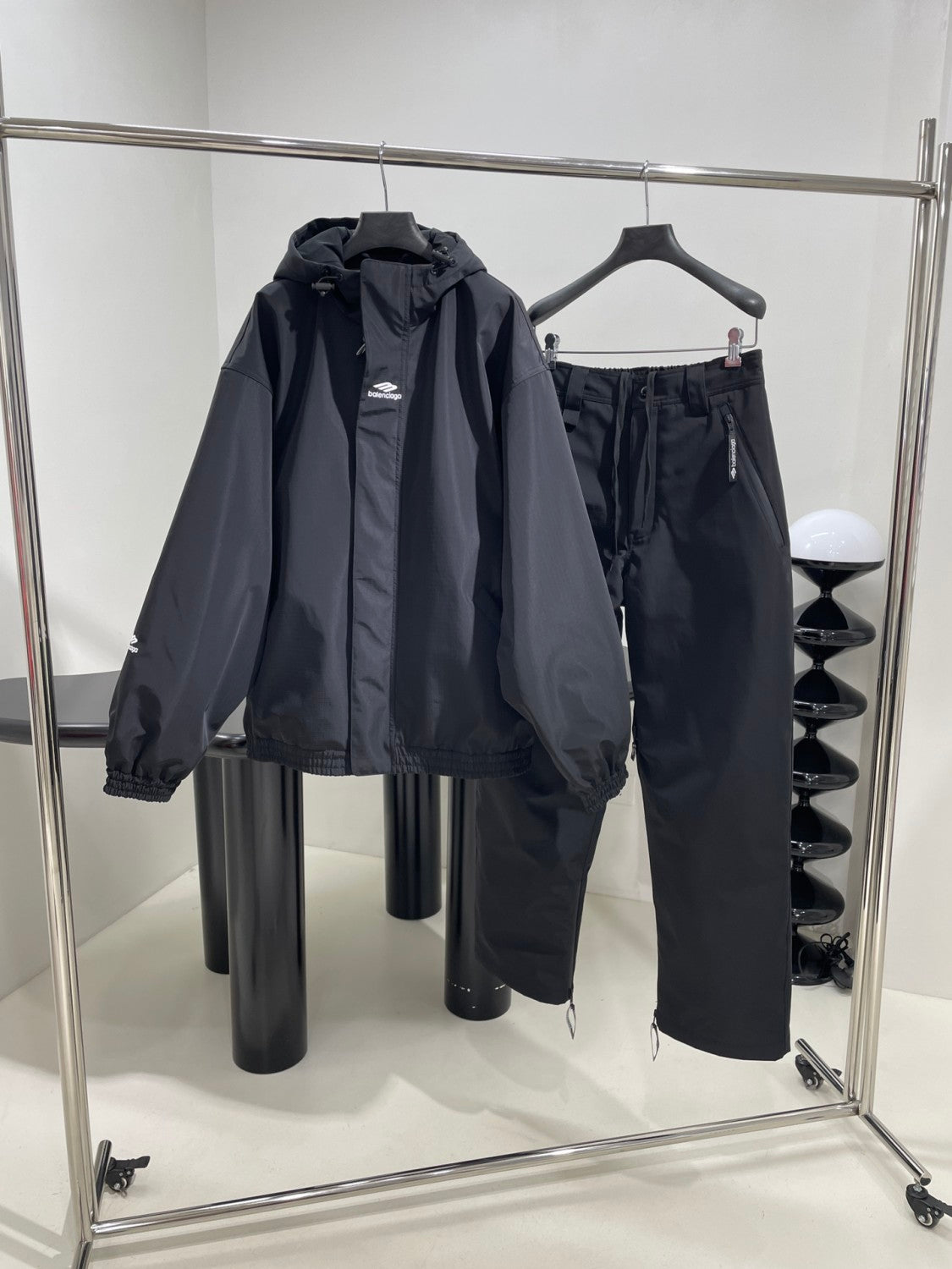 Balenciaga Men's Fall And Winter Composite Elastic Nylon Hooded Drawstring Zipper Long Sleeved Ski Jacket Waist Tie Ski Pants Suit Set #74285