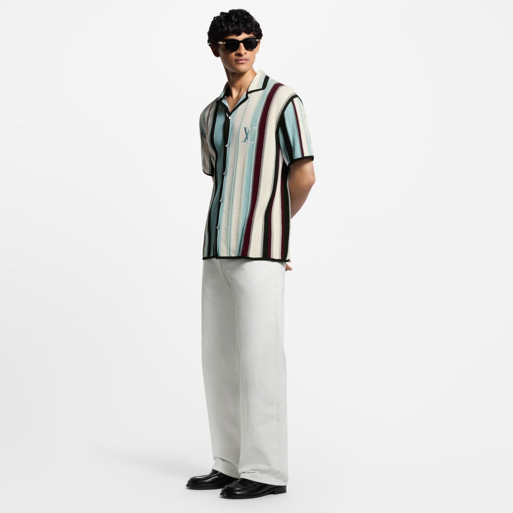 Louis Vuitton Men's Summer Embroidered Logo Stripe Crochet Single Breasted Short Sleeve Shirt Casual Lace Up Shorts Suit Set #81258