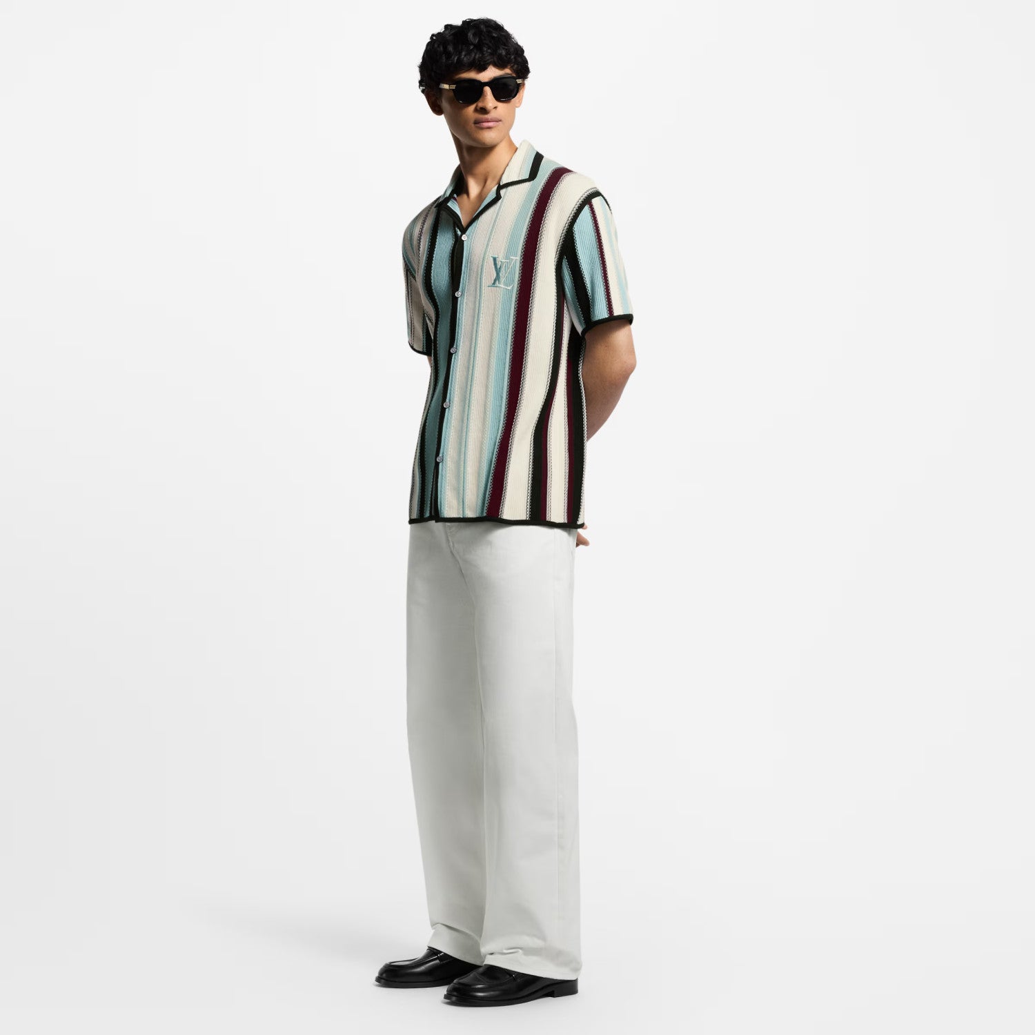 Louis Vuitton Men's Summer Embroidered Logo Stripe Crochet Single Breasted Short Sleeve Shirt Casual Lace Up Shorts Suit Set #81258