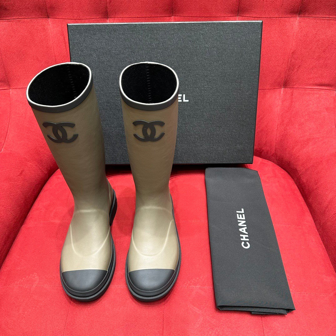 Chanel 25S Fashion Overalls Tall Boots Women's Beige Anti-Slip Rain Boots #332426