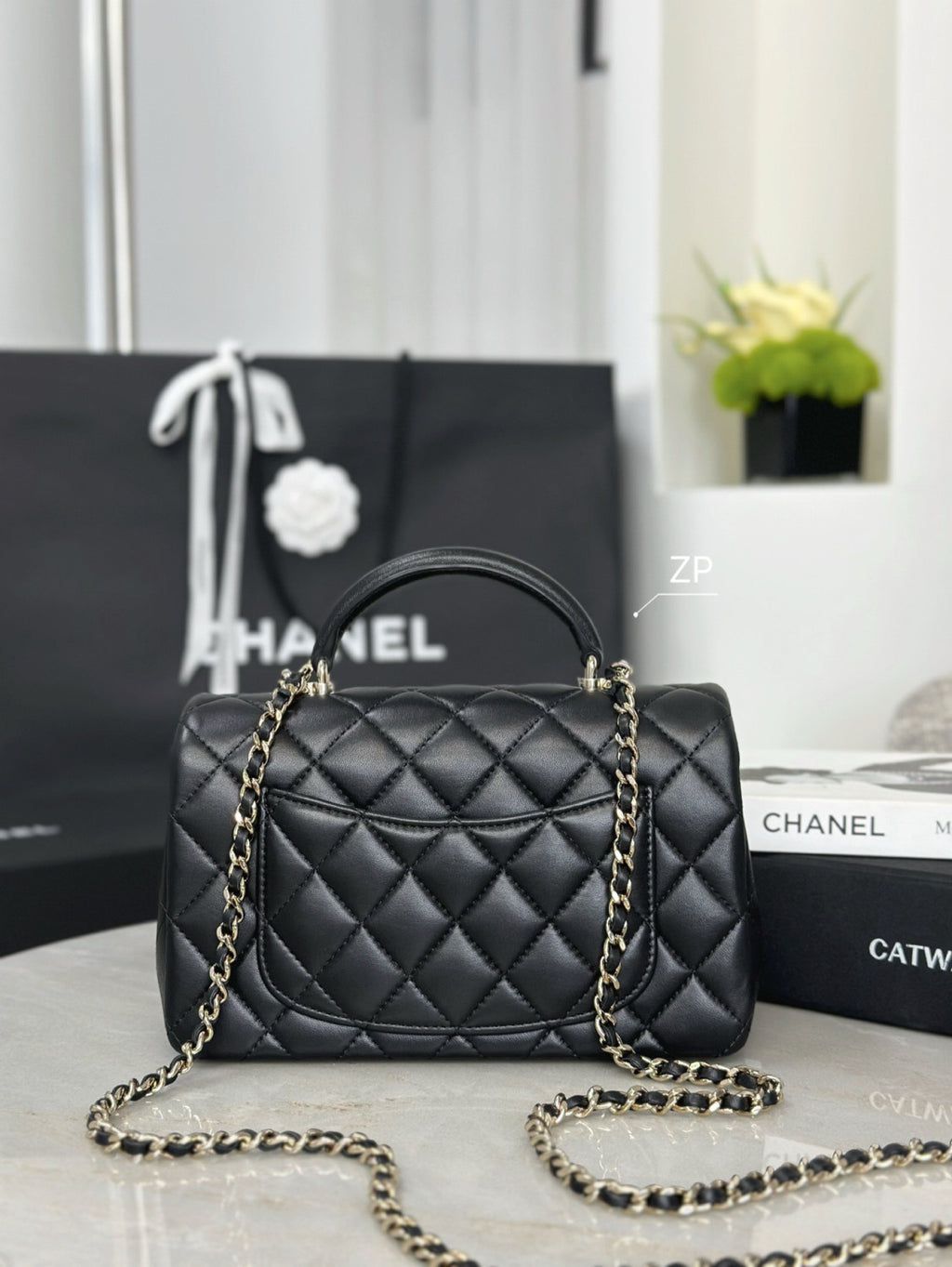 Chanel Mini Classic Handbag With Top Handle Lambskin Diamanté & Gold Metal Black #381896