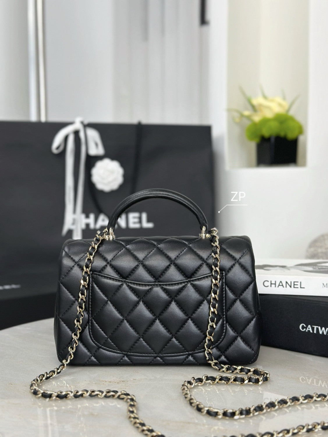 Chanel Mini Classic Handbag With Top Handle Lambskin Diamanté & Gold Metal Black #381896