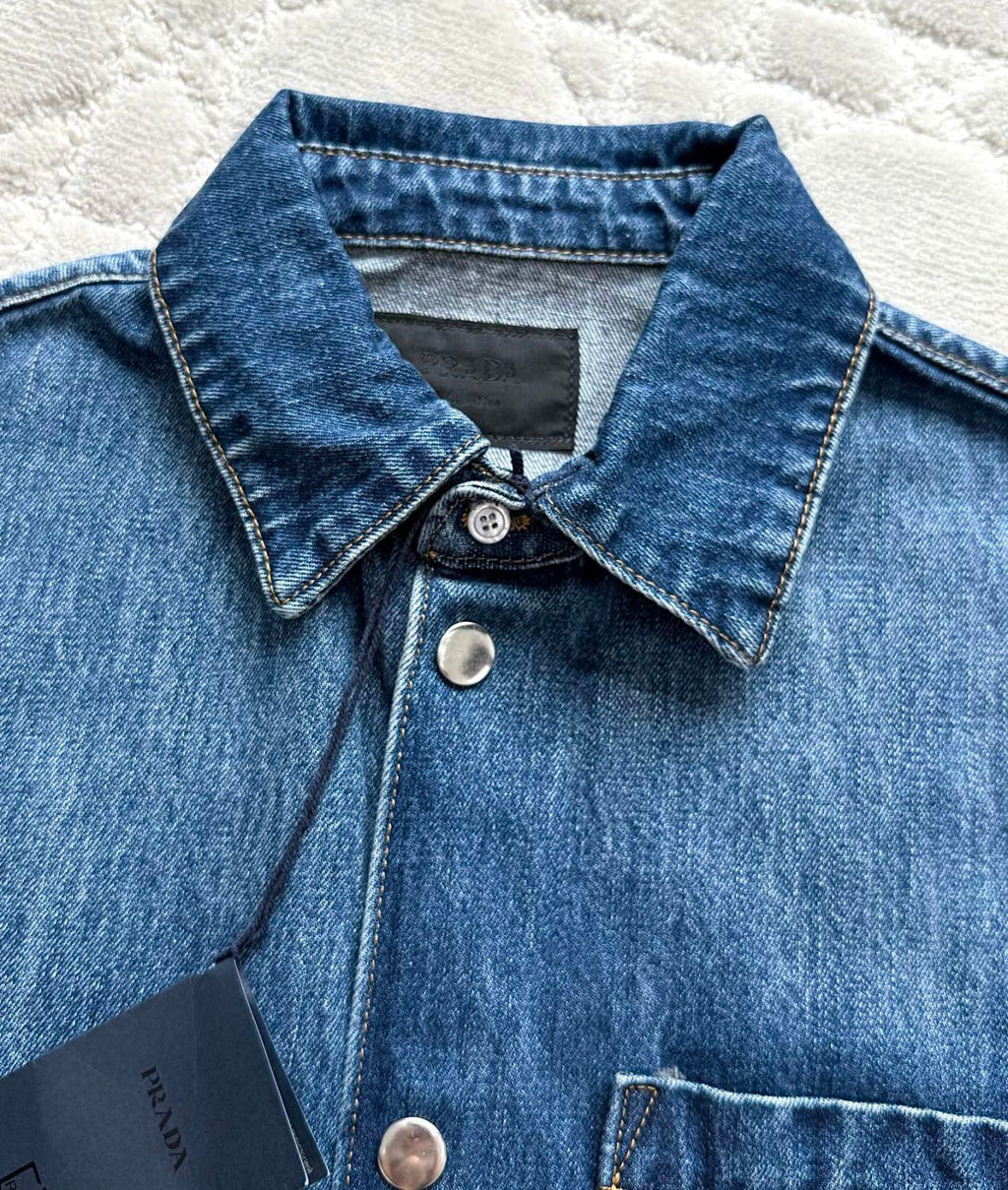Prada Men's Spring Summer Solid Colour Metal Triangle Logo Single Breasted Short Sleeve Denim Shirt Jacket #76867