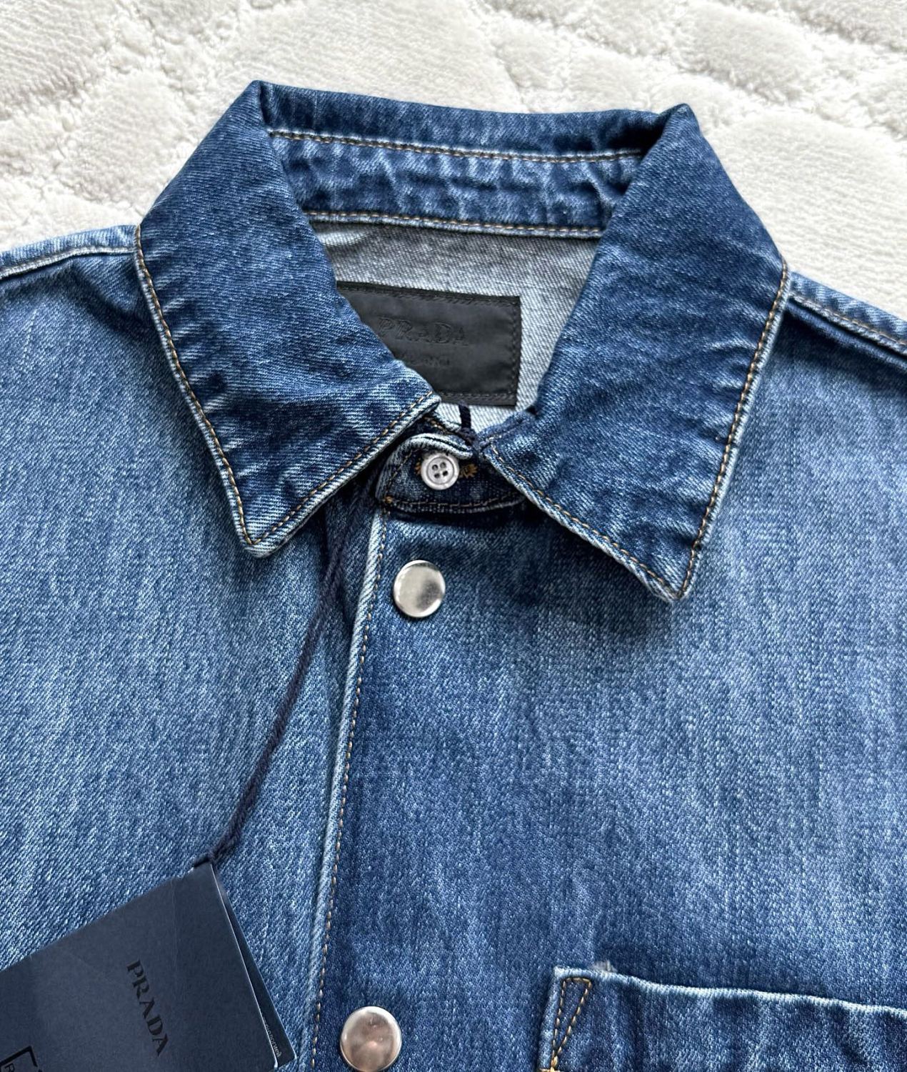 Prada Men's Spring Summer Solid Colour Metal Triangle Logo Single Breasted Short Sleeve Denim Shirt Jacket #76867