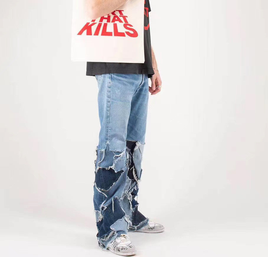 Gallery Dept. Men's Spring And Fall Solid Color Splicing Do Old Loose Wide-Leg Denim Pants Ngvp #8751