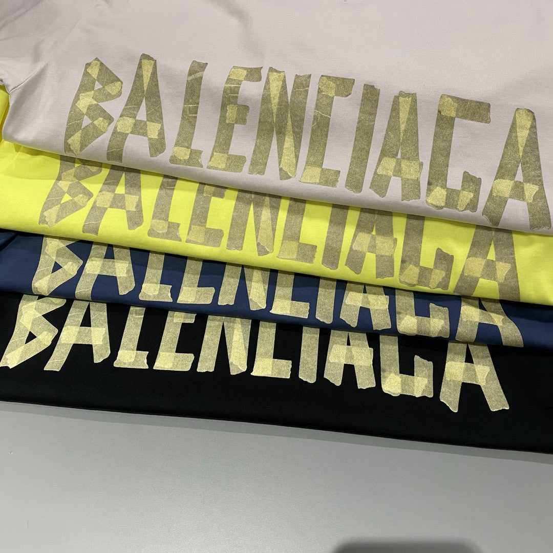 Balenciaga Men's and Women's Tape Type T-Shirt Medium Fit In Faded Letter Print Round Neck Loose Fit Short Sleeve T-Shirt #98738