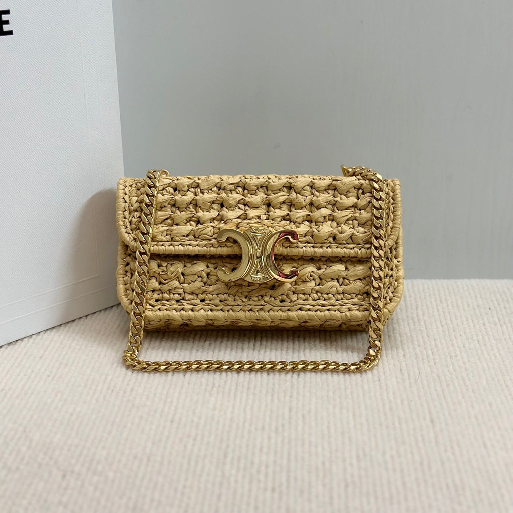 Celine TRIOMPHE Women's Monogrammed Gold Buckle Raffia Woven Solid Color Crossbody Shoulder Bag Bags #76673