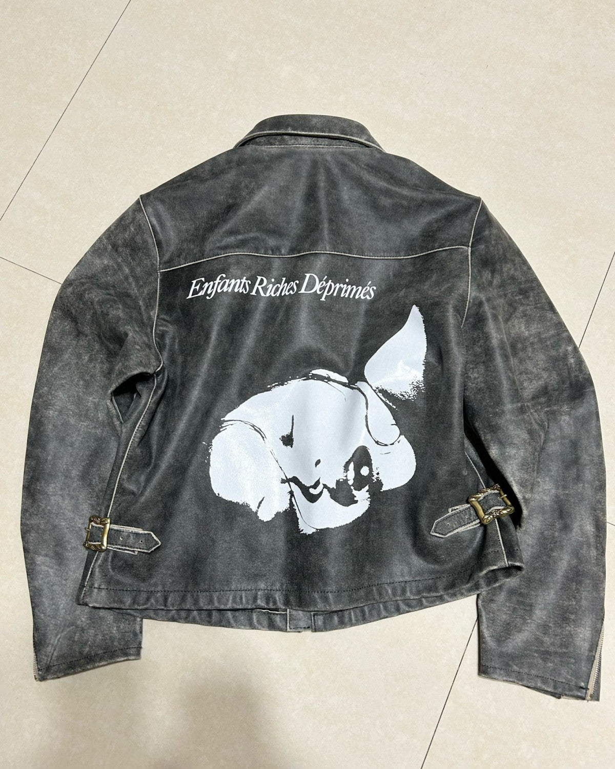 Enfants Riches Deprimes Men's Fall/Winter Lapel Pocket Zipper Black Printed Fitted Vintage Fashion Long Sleeve Leather Sleep Sound Collared RacerJacket Ngvp #7564
