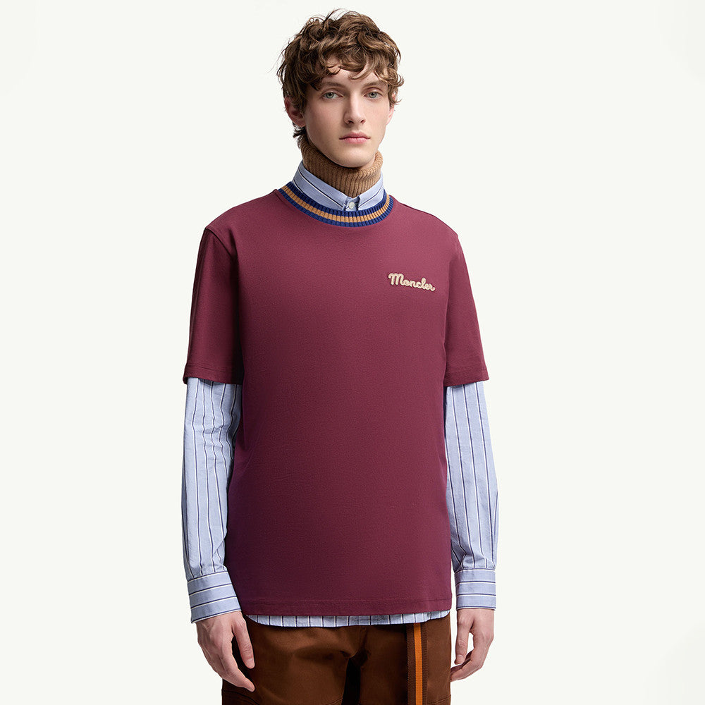 Moncler Burgundy Embroidered Logo Cotton T-Shirt Polos T-shirts #375498