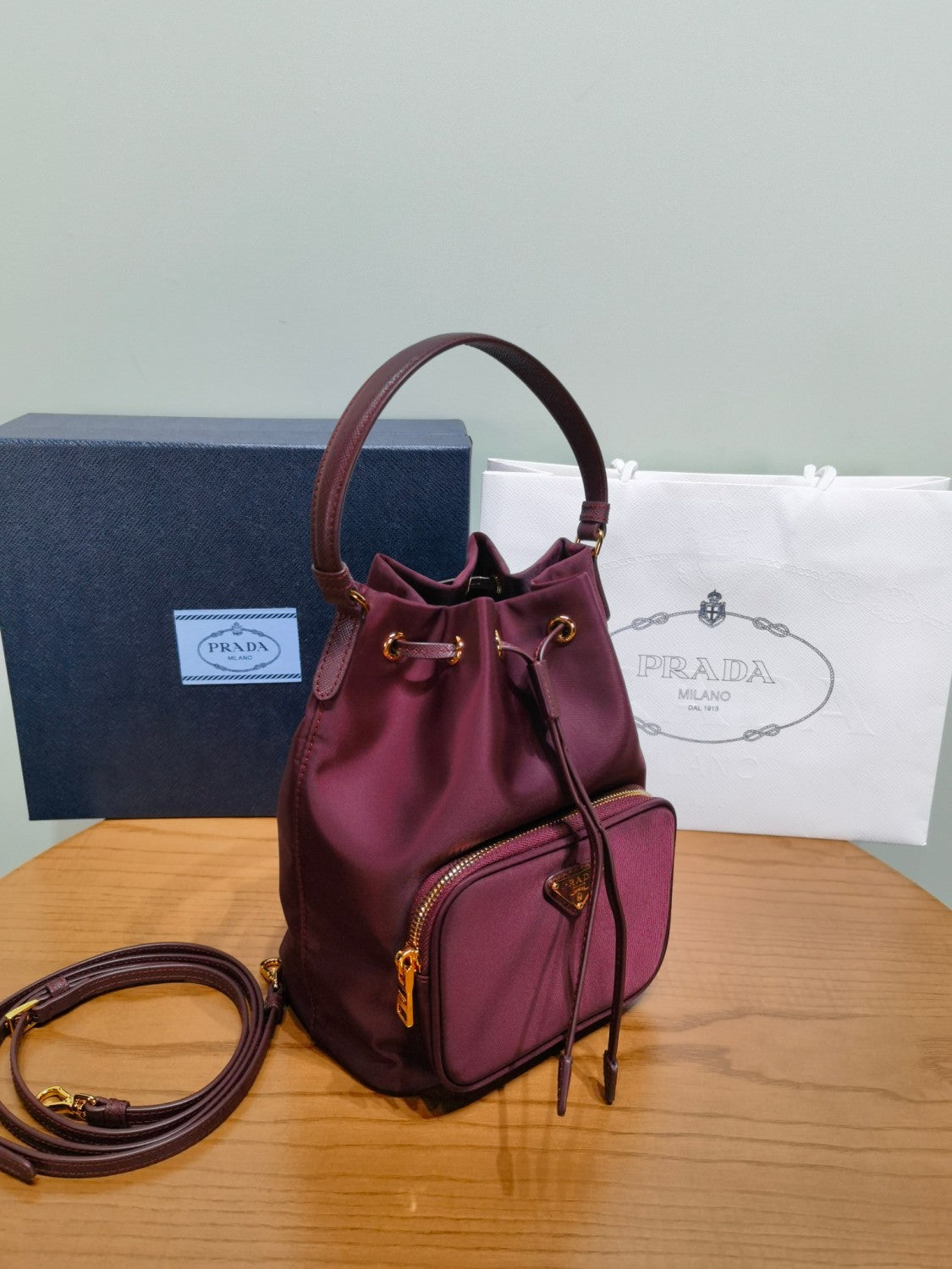 Prada Duet Recycled Nylon Bucket Bag Drawstring Closure Shoulder Bag #332667
