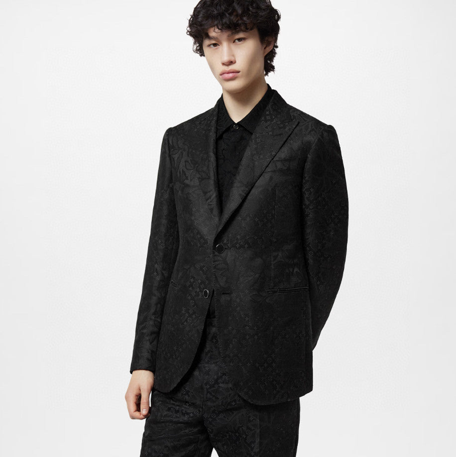Louis Vuitton Men's Black Full Logo Printed Single Breasted Cotton Long Sleeve Jacket Coat Blazer Pants Suit Set #98784