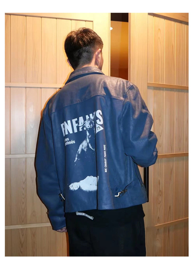 Enfants Riches Deprimes Men's Spring. Autumn And Winter Washed And Aged Crackle Pattern Printed Zipper Solid Color Long Sleeve Cowhide Jacket Ngvp #9337
