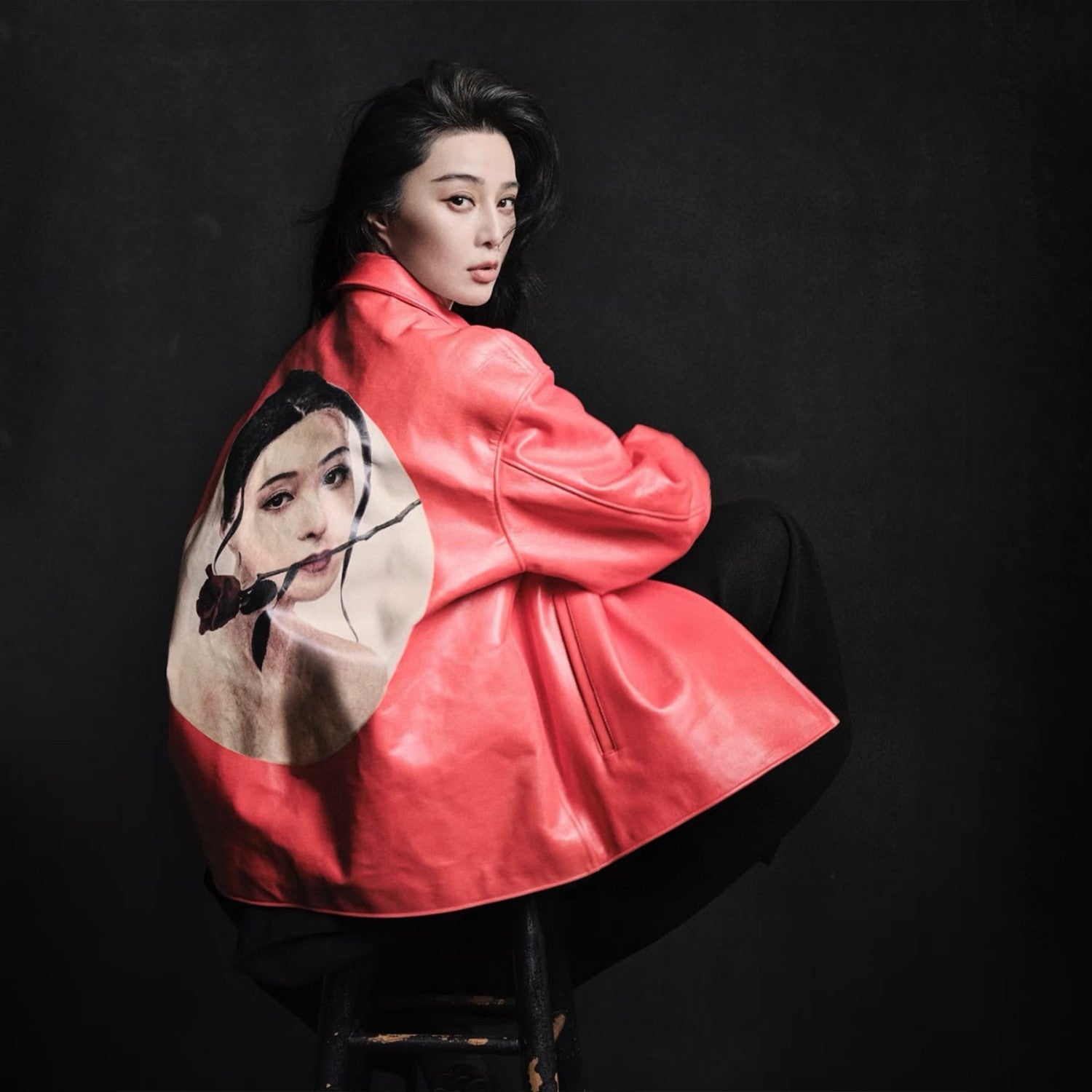 Yohji Yamamoto Pour Homme X Fan Bingbing Portrait Leather Jacket Men's Women's Autumn/winter Fashion Red Lapel Leather Zip Jacket Ngvp #9866