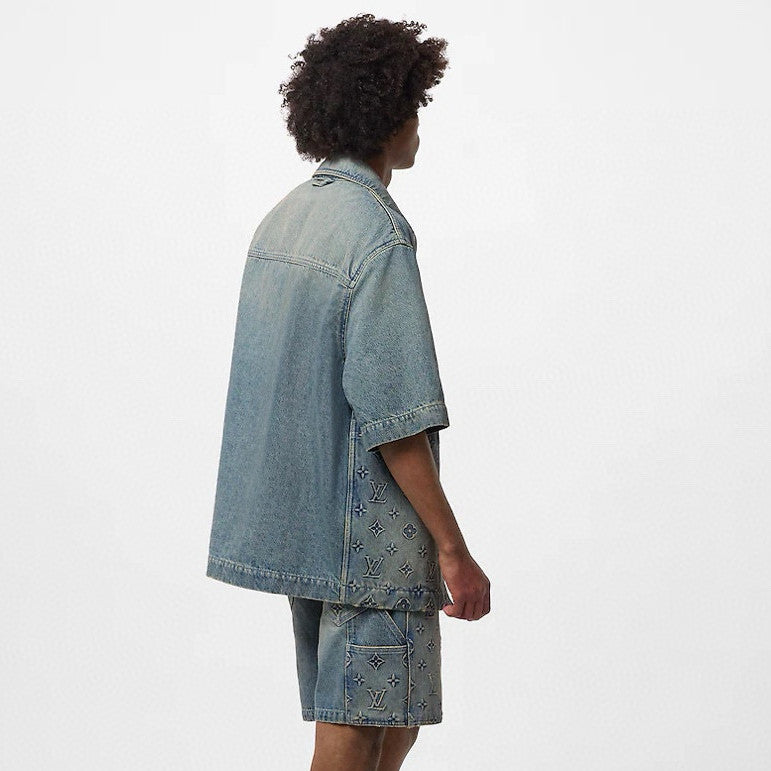 Louis Vuitton Men's Summer Fashion Casual Collared Single Button Classic Embossed Denim Short Sleeve Shirt Classic Print Zipper Mid Rise Workwear Denim Shorts Suit Set #78561