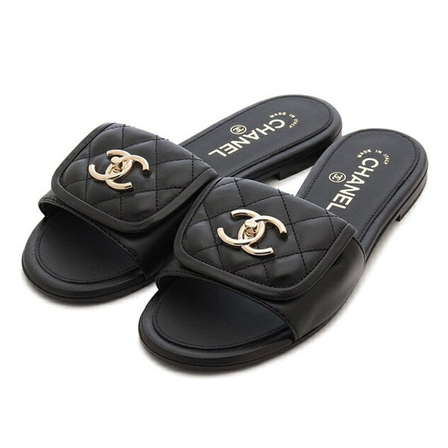 Chanel Women's Summer Sheepskin Low Heel Flat Slippers Pure Color Open Toe One Word Slippers Casual Loafers Leather Shoes #81351