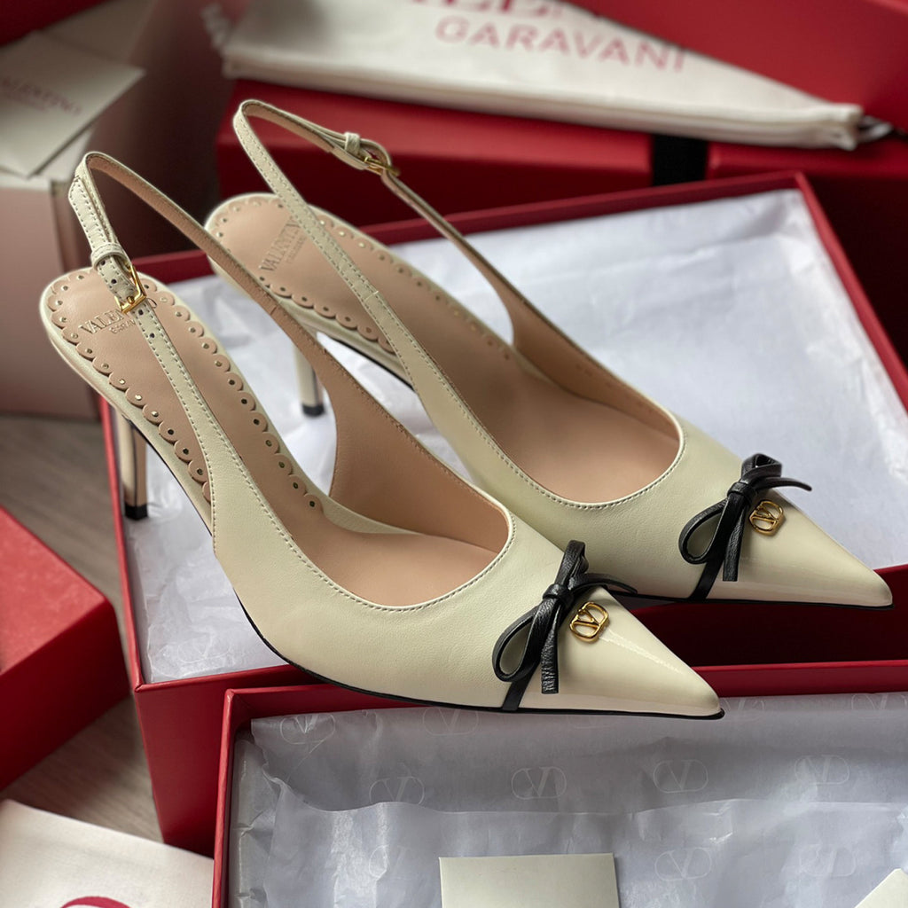 Valentino Bepointy Slingback Pump In Patent Leather And Kidskin Bow V-mark Shoes Fashionable Elegant Exquisite Luxurious Small High Heels 4cm 8cm Ngvp #2246