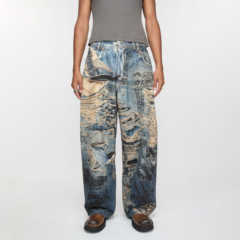 Acne Studios Men's Spring And Summer Ripped Graffiti Mise-en-scène Effect Print Denim Pants Super Loose Fit Jeans Fashion High Street Casual Blue Straight Trousers Ngvp #1186