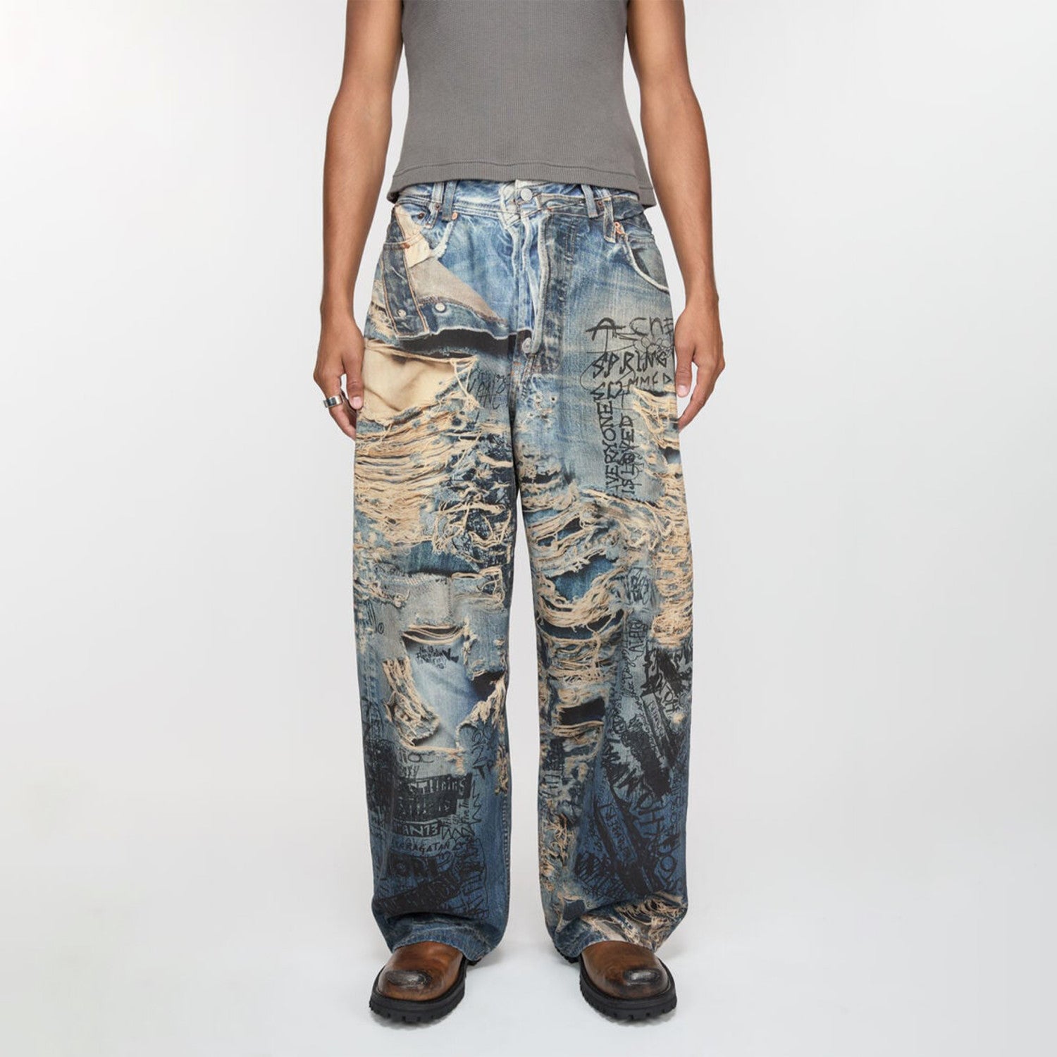 Acne Studios Men's Spring And Summer Ripped Graffiti Mise-en-scène Effect Print Denim Pants Super Loose Fit Jeans Fashion High Street Casual Blue Straight Trousers Ngvp #1186