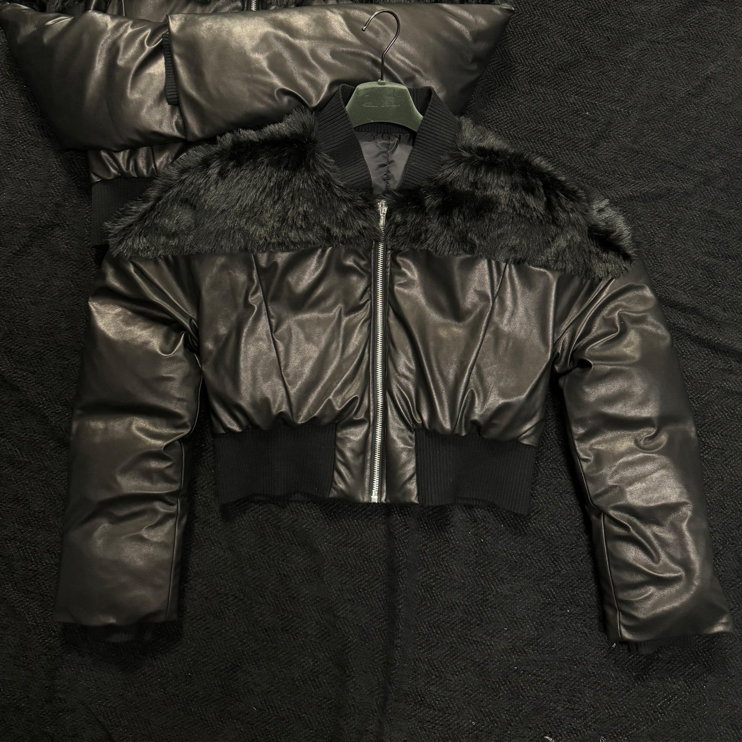 Rick Owens Men's Autumn And Winter Fur Splicing Leather Down Jacket Dark Style Fashion High Street Hip Hop Zip Short Jacket  Ngvp #9825