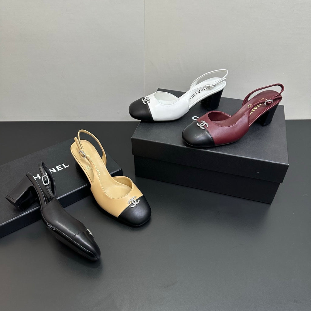 Chanel 6cm Heel Height Double C Thick Heel Back Hollow Color Block Stitching High Heel Sandals #333238