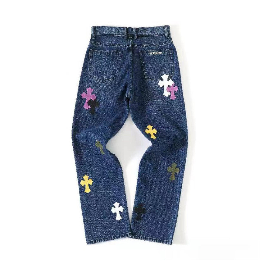 Chrome Hearts Men's and Women's Spring and Fall Cross Calfskin Labeled Blue Jeans Pants #76119