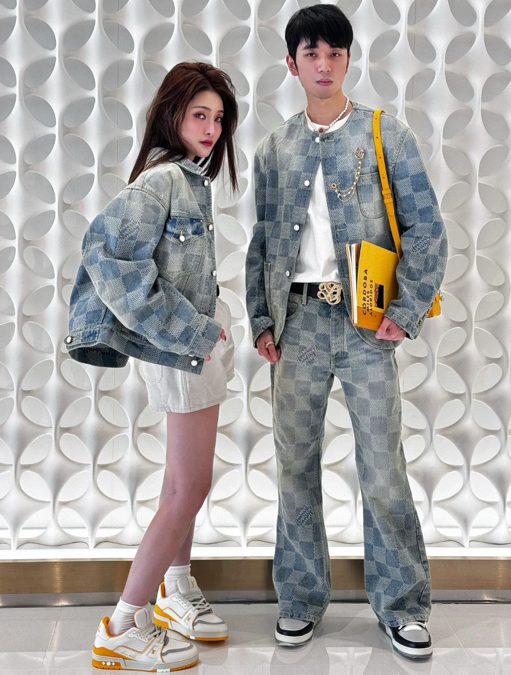 Louis Vuitton Men's Spring And Fall Fashion Plaid Denim Suit Gradient Wash Vintage Round Neck Jacket Casual Flared Pants Set #99297