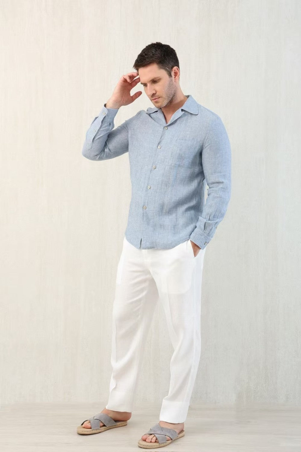 Brunello Cucinelli Men's Linen Easy Fit Shirt with Camp Collar and Chest Pocket Spring And Autumn Solid Color Long Sleeve Top Ngvp #1455