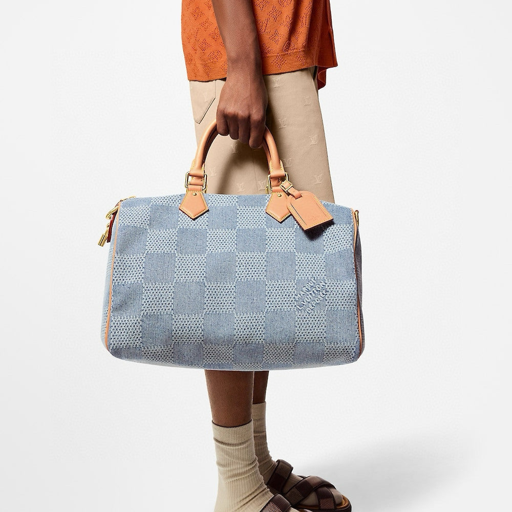Louis Vuitton Speedy 40 Bandoulière Men's and Women's Checkerboard Printed Denim Patchwork Leather Single Shoulder Crossbody Tote Bag Travel Bags #76847