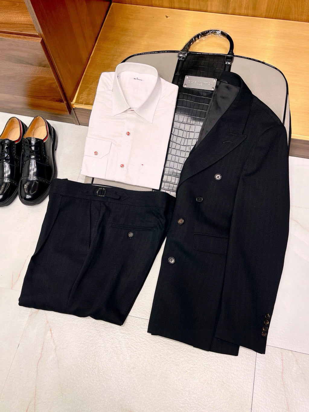 Louis Vuitton Men's Fall And Winter Business High-end Tide Wool Double-breasted Blazer Top Wedding Suit Casual Pants Black Suit Set Ngvp #2443