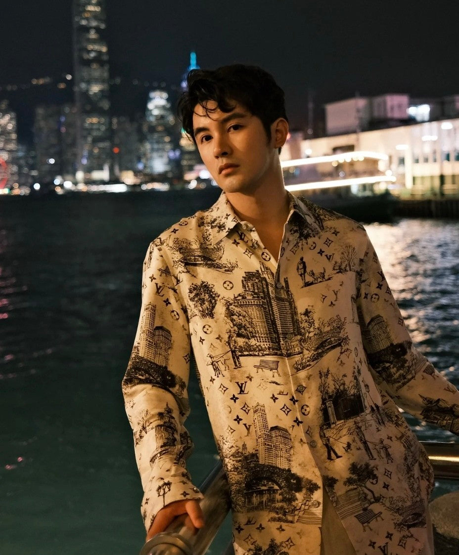 Louis Vuitton Men's Spring. Summer And Fall Logo Full Print Lapel Solid Color Long Sleeve Silk Shirt #71833