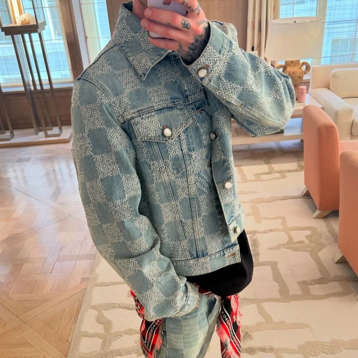 Louis Vuitton Men's Fall And Winter Mto Embellished Damier Denim Jacket Checkerboard Checkered Jacket With Diamonds Fashionable Versatile Jacket Ngvp #9126