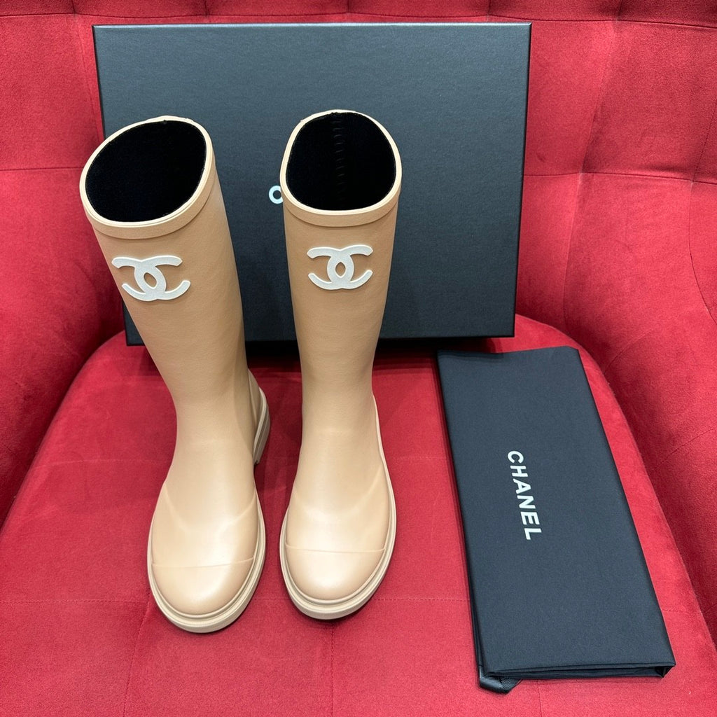 Chanel 25S Fashion Overalls Tall Boots Women's Beige Anti-Slip Rain Boots #332426