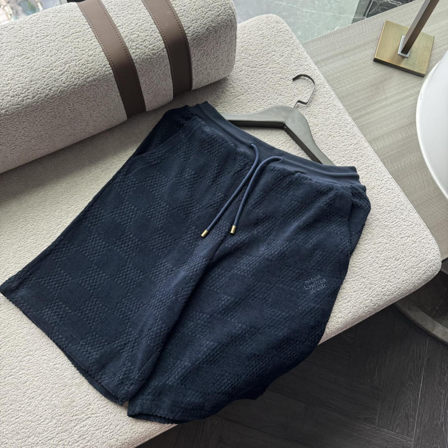 Louis Vuitton Men's Summer Solid Color Checkered Print Cotton Terry Cloth Drawstring Shorts #77876
