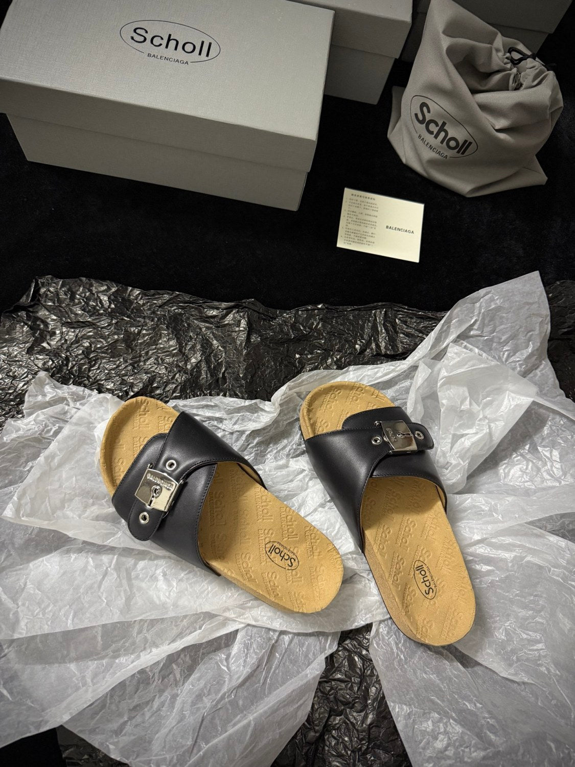 Balenciaga Scholl Men's and Women's Summer Black Cowhide Leather Flat Sandals Slippers Shoes #77655