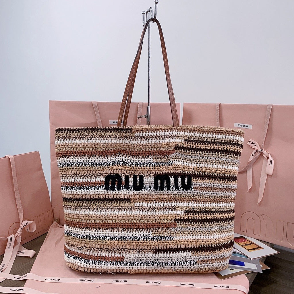 MiuMiu Women's Multicolour Embroidery Logo Crochet Shopping Bag Shoulder Handbag Tote Bags #76741