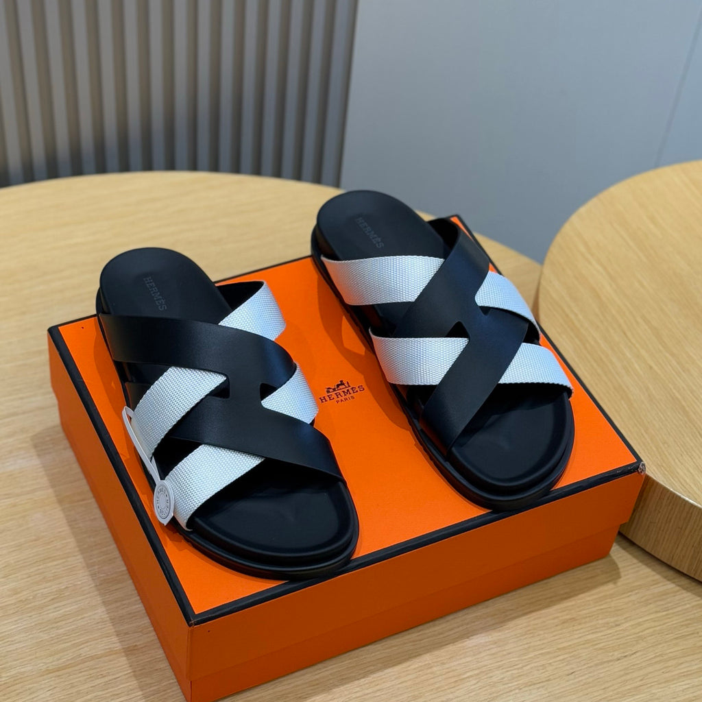 Hermes Men's Summer Solid Color Leather Suede Patchwork Sandals Slippers Shoes #76385