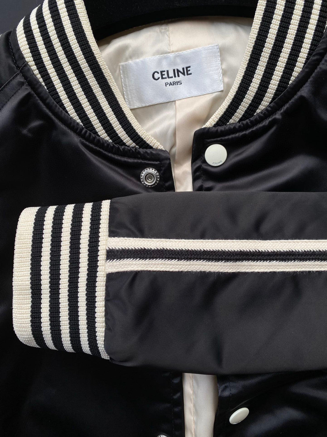 Celine Embroidered Teddy Jacket In Satin-Finish Nylon Logo Baseball Jacket #96291