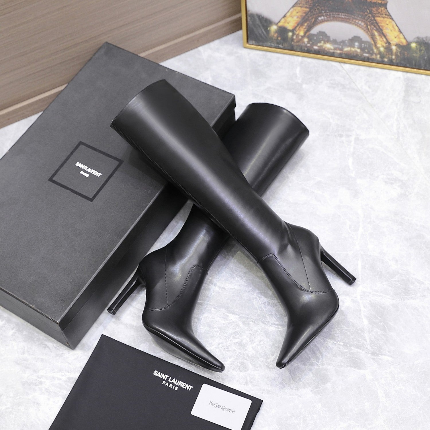 Saint Laurent FRANCOISE Women's Classic Pointed Toe Side Zip Leather High Heel Boots 10cm Heel High Heel Shoes #79181