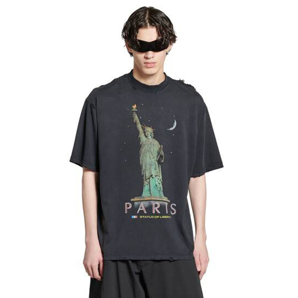 Balenciaga Men's Spring/summer Statue Of Liberty Solid Color Retro Loose Casual Plain Knitted Large Silhouette Short Sleeved T-shirt Ngvp #8352