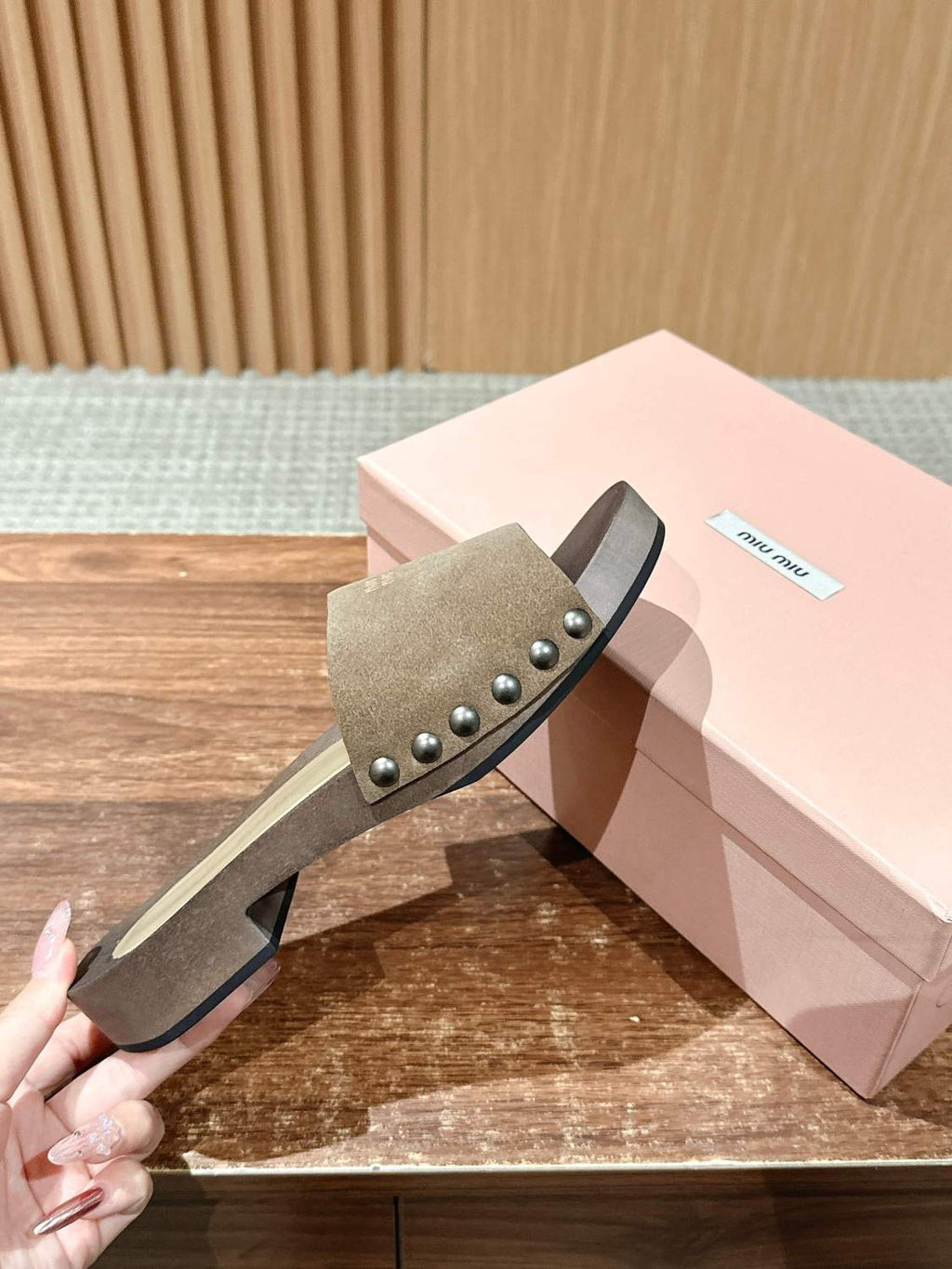 MiuMiu Women's Summer Fashion Casual Round Toe Slip On Suede Leather Wooden Sole Sandals Shoes #78432